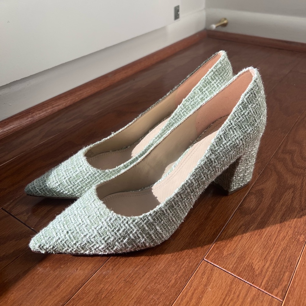 Marc Fisher Zala Block Heel Pointy Toe Pump Textured Green Bouclé Dress Pumps